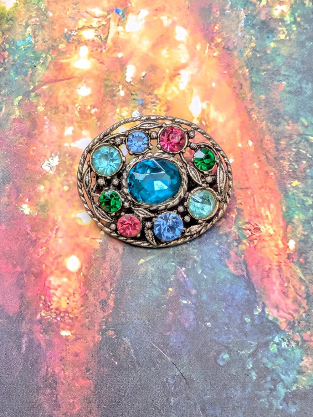 Antique Victorian Brooch with Colorful Rhinestones
